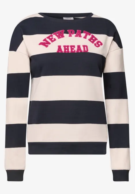 Sweatshirt met strepen en tekstprint urban dark blue Zwart-wit gestreepte trui met roze tekst 'NEW PATHS AHEAD' op de voorkant.