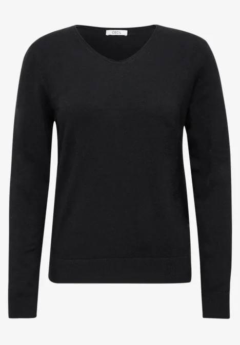 Schwarzer V-Ausschnitt-Pullover mit langen Ärmeln und schlichter Passform.