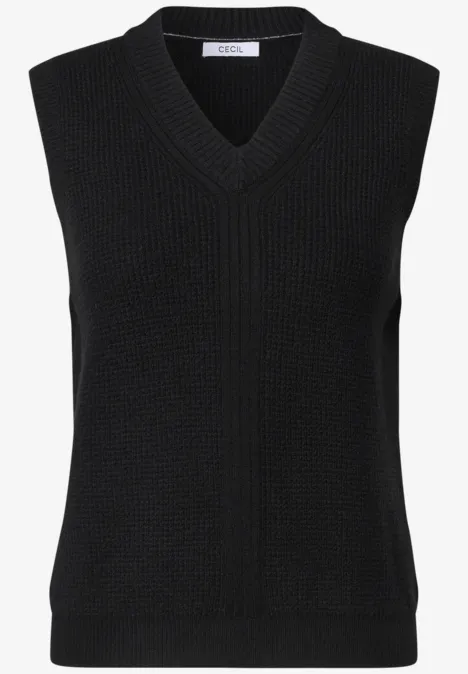 Schwarzer, ärmelloser Strickpullover mit V-Ausschnitt.
