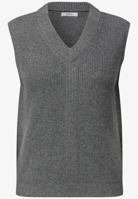 Grauer, ärmelloser Strickpullover mit V-Ausschnitt.