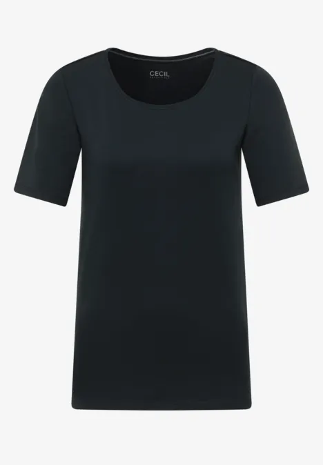 T-shirt noir à manches mi-longues et col rond, design épuré et indémodable.