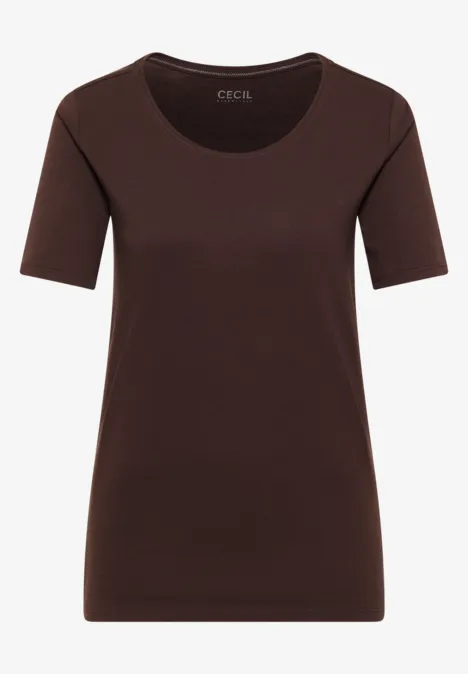 Donkerbruin T-shirt met ronde hals en korte mouwen.