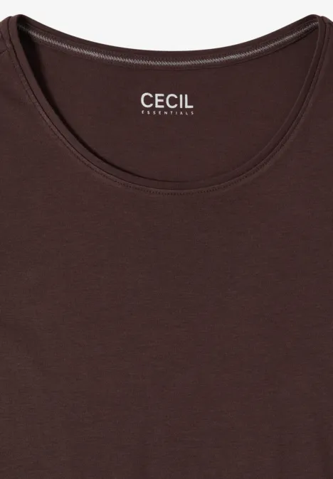 Donkerbruin T-shirt met ronde hals, eenvoudig design, CECIL-logo in de nek.