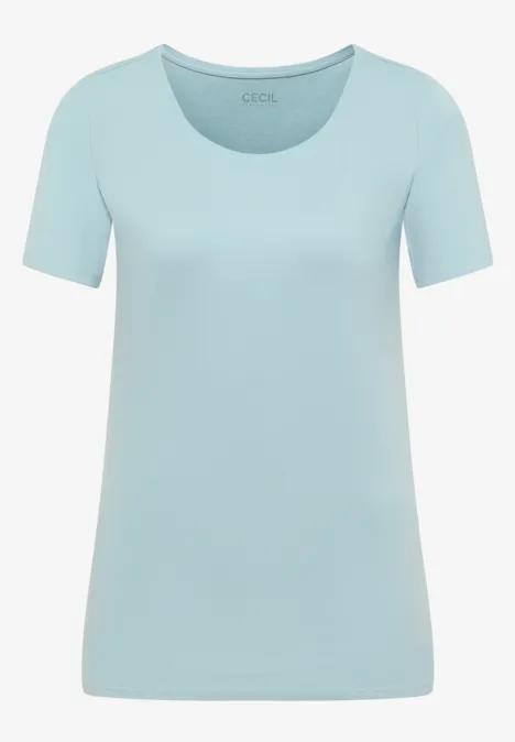 Lichtblauw T-shirt met korte mouwen en ronde hals.