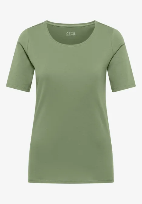 Schlichtes olivgrünes T-Shirt mit kurzen Ärmeln und Rundhalsausschnitt.