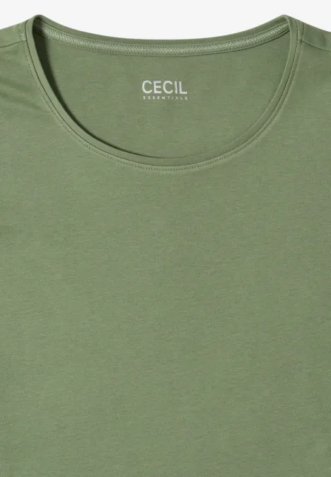 Basic T-Shirt mit Rundhals in Unifarbe deep matcha green Ein schlichtes olivgrünes Rundhalsshirt mit CECIL-Logo im Nacken.
