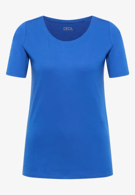 Eenvoudig blauw dames-T-shirt met korte mouwen en ronde hals.