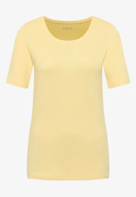 Gelbes Damen-Shirt mit kurzen Ärmeln und Rundhalsausschnitt.