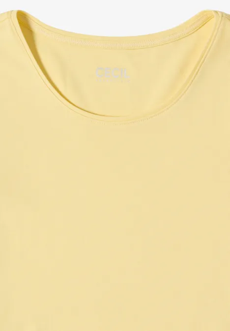 Ein schlichtes, gelbes, ärmelloses Top mit Rundhalsausschnitt.