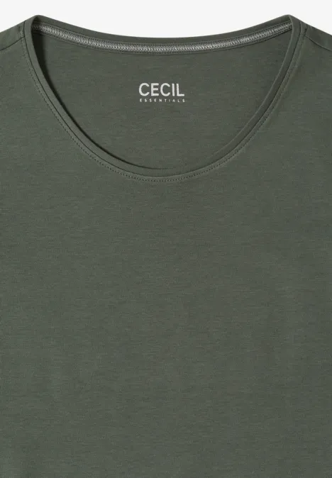 Schlichtes olivgrünes T-Shirt mit Rundhals und dezentem CECIL-Logo im Nacken.