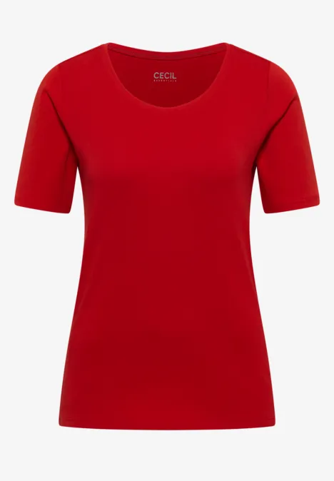 Ein schlichtes rotes T-Shirt mit kurzen Ärmeln und Rundhalsausschnitt.