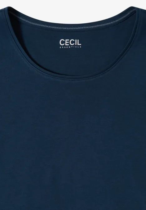 Schlichtes dunkelblaues T-Shirt mit rundem Ausschnitt, aus weichem Material, Labelaufdruck 'CECIL' innen am Kragen.