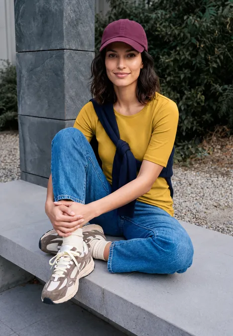 Basic T-shirt met ronde hals golden honey Junge Frau in gelbem T-Shirt, Jeans und Mütze sitzt lächelnd im Freien auf einer Steinbank.