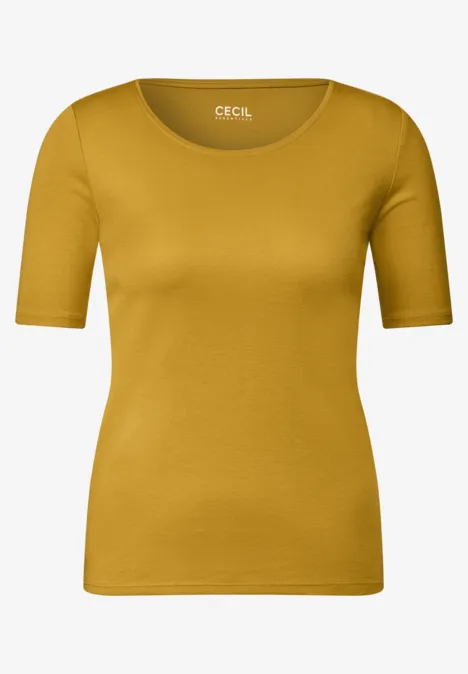 Basic T-shirt met ronde hals golden honey Schlichtes, senfgelbes Damen-T-Shirt mit Rundhalsausschnitt und halblangen Ärmeln.