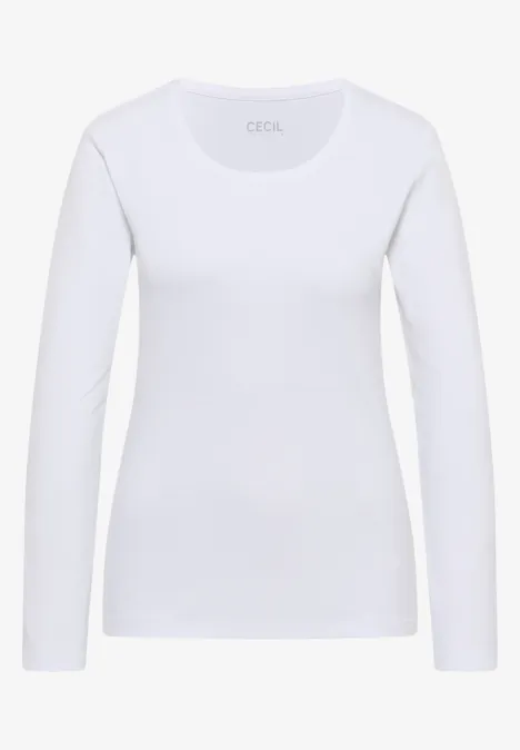 Schlichtes langärmliges weißes Damen-Shirt mit Rundhalsausschnitt.