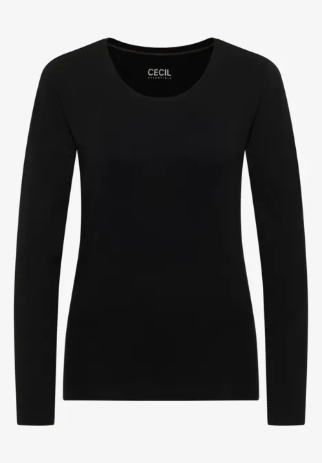 Schwarzes, eng anliegendes Damen-Shirt mit langen Ärmeln und Rundhalsausschnitt.