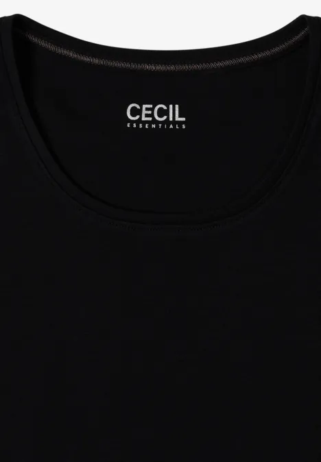 Schwarzes Kurzarm-T-Shirt mit Rundhalsausschnitt und ‚CECIL‘-Logo im Nacken.