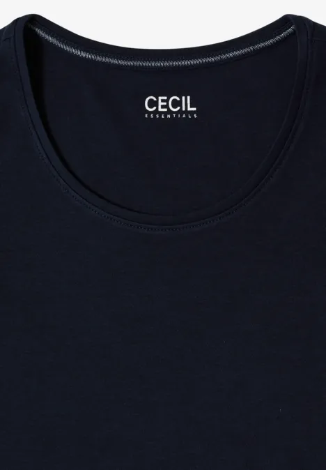 Dunkelblaues ärmelloses Top mit Rundhalsausschnitt und Logo-Aufdruck "CECIL Originals" im Nacken.