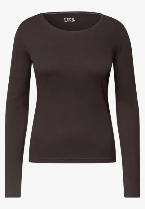 Bruin damesshirt met lange mouwen en ronde hals, aansluitende pasvorm, eenvoudig en elegant.