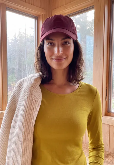 Basic longsleeve met ronde hals golden honey Frau mit grüner Bluse und lila Cap, lächelnd, trägt Strickjacke über der Schulter vor Holzfenstern.