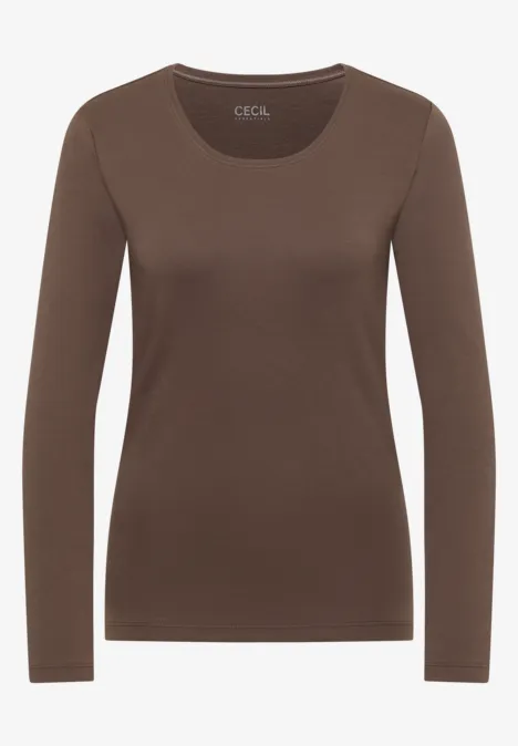 Ein schlichtes, braunes Langarmshirt mit Rundhalsausschnitt.