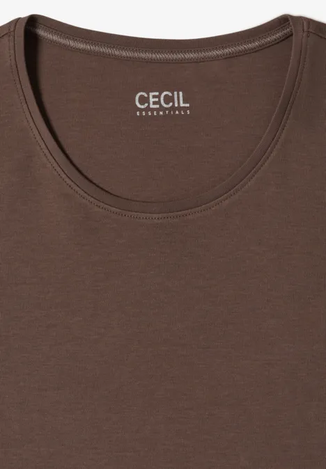 Braunes ärmelloses Damen-Top mit U-Ausschnitt und markantem ‚CECIL‘-Logo im Nackenbereich.