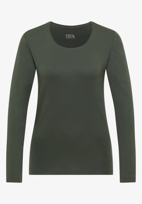 T-shirt à manches longues vert foncé, coupe épurée et encolure ronde, marque CECIL.