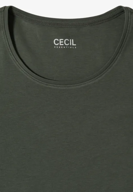 T-shirt sans manches vert foncé à col rond avec logo blanc «CECIL» à l’arrière du col.