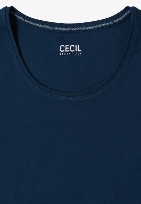 Dunkelblaues Basic-Shirt mit Rundhals und ärmellosem Schnitt, Markenlogo CECIL im Nackeninneren.