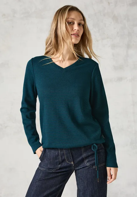 Jaquard-Shirt mit V-Neck atlantic green