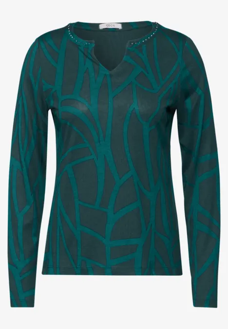 Bedrukt shirt met decoratieve steentjes petrol green