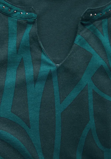 Bedrukt shirt met decoratieve steentjes petrol green