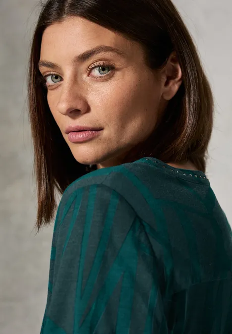 Bedrukt shirt met decoratieve steentjes petrol green