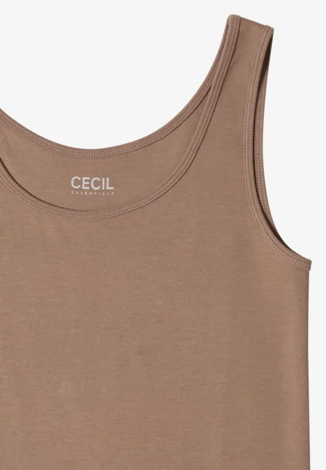 Braunes ärmelloses Damen-Shirt mit Rundhalsausschnitt und CECIL-Logo innen am Nacken.