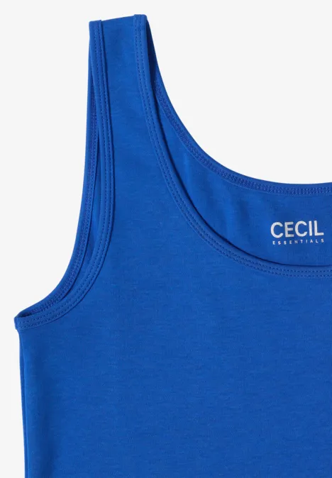 Débardeur bleu sans manches avec encolure ronde et étiquette « CECIL » visible.