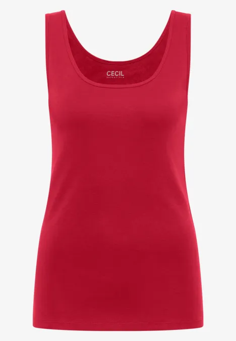 Débardeur féminin rouge, sans manches, col rond et logo discret de la marque.