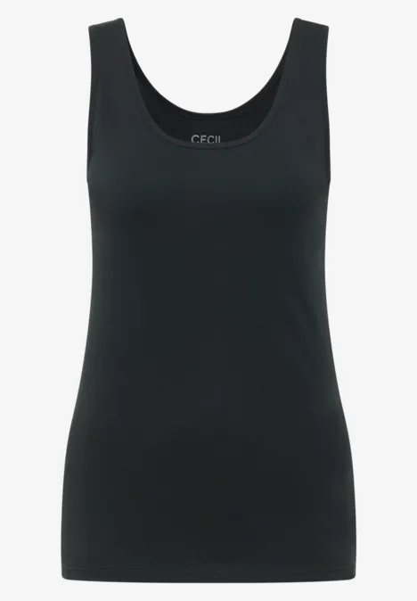 Schlichtes schwarzes Tanktop mit Rundhalsausschnitt, enganliegend und ärmellos.
