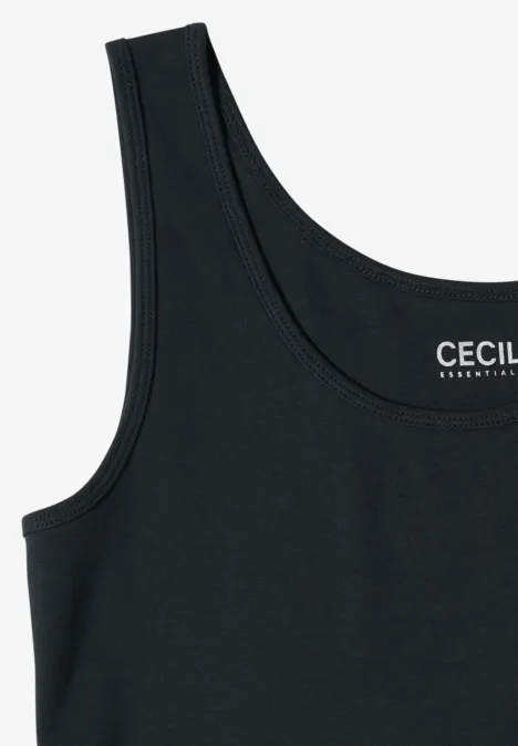 Schwarzes ärmelloses Damen-Top mit breiten Trägern, Rundhalsausschnitt und innenliegendem 'CECIL'-Label.