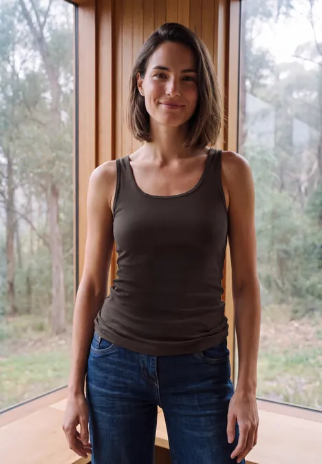Eine lächelnde Frau in Tanktop und Jeans vor großem Fenster mit Wald im Hintergrund.