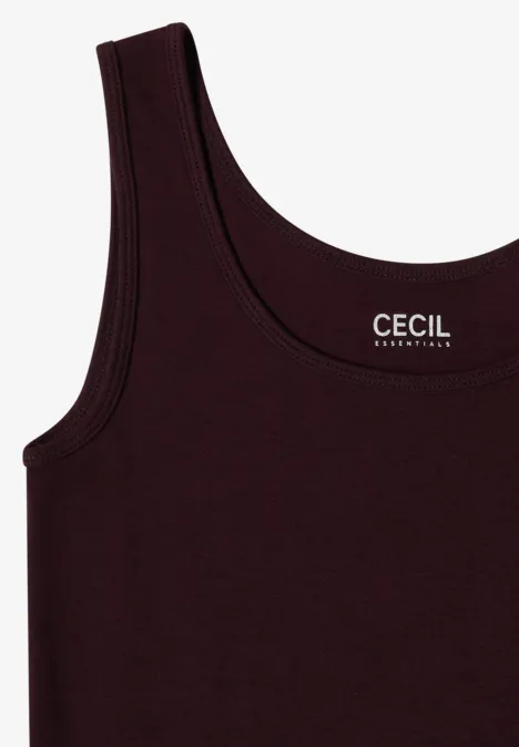 Bordeauxrood slank tanktop met ronde hals en wit CECIL-logo op de borst.