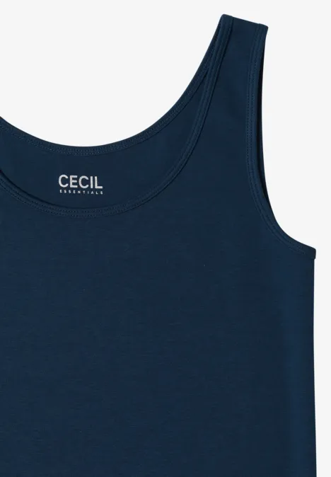Débardeur femme bleu marine à encolure ronde, style épuré.