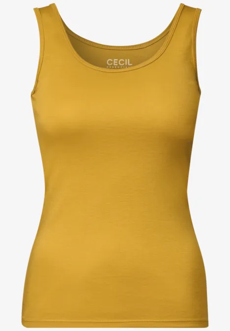 Dames tanktop, mouwloos, aansluitend model, ronde hals, mosterdgeel.