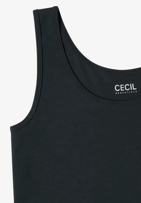 Schwarzes Tanktop mit Rundhalsausschnitt und weißem CECIL-Logo auf der Brust.