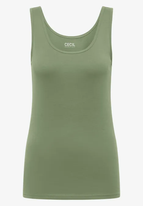 Olivgroen basic tanktop zonder mouwen met ronde hals, strak en zonder print.