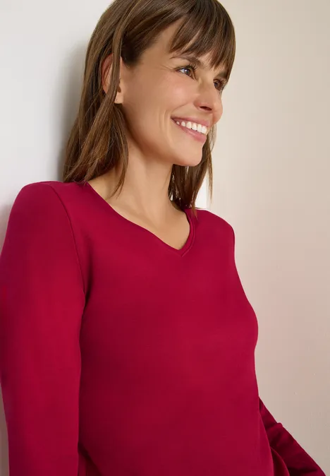 V-Neck Langarmshirt beaujolais red