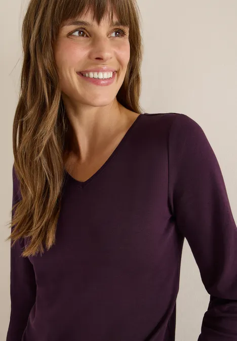 V-Neck Langarmshirt eggplant red