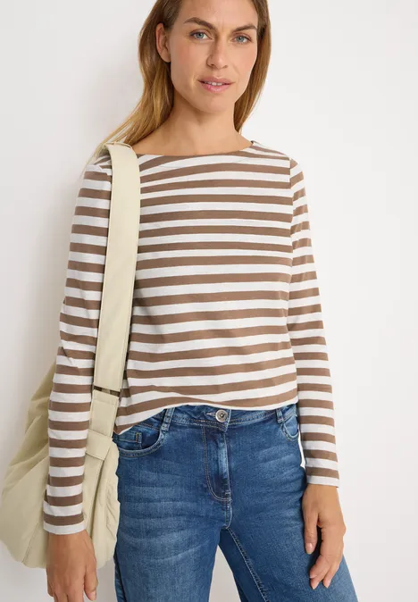 Gestreept basic shirt natural taupe