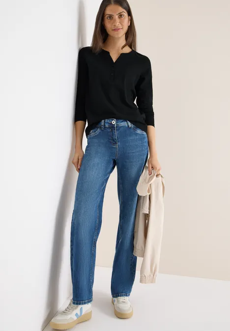 Split Neck Langarmshirt Black