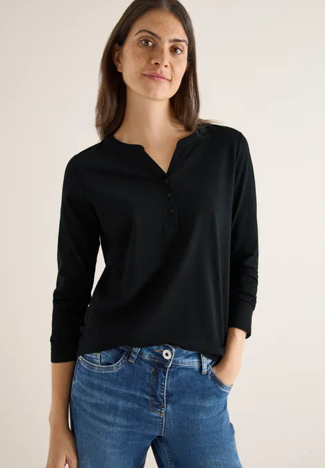 Split Neck Langarmshirt Black