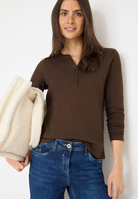 Split Neck Langarmshirt chocolate mousse